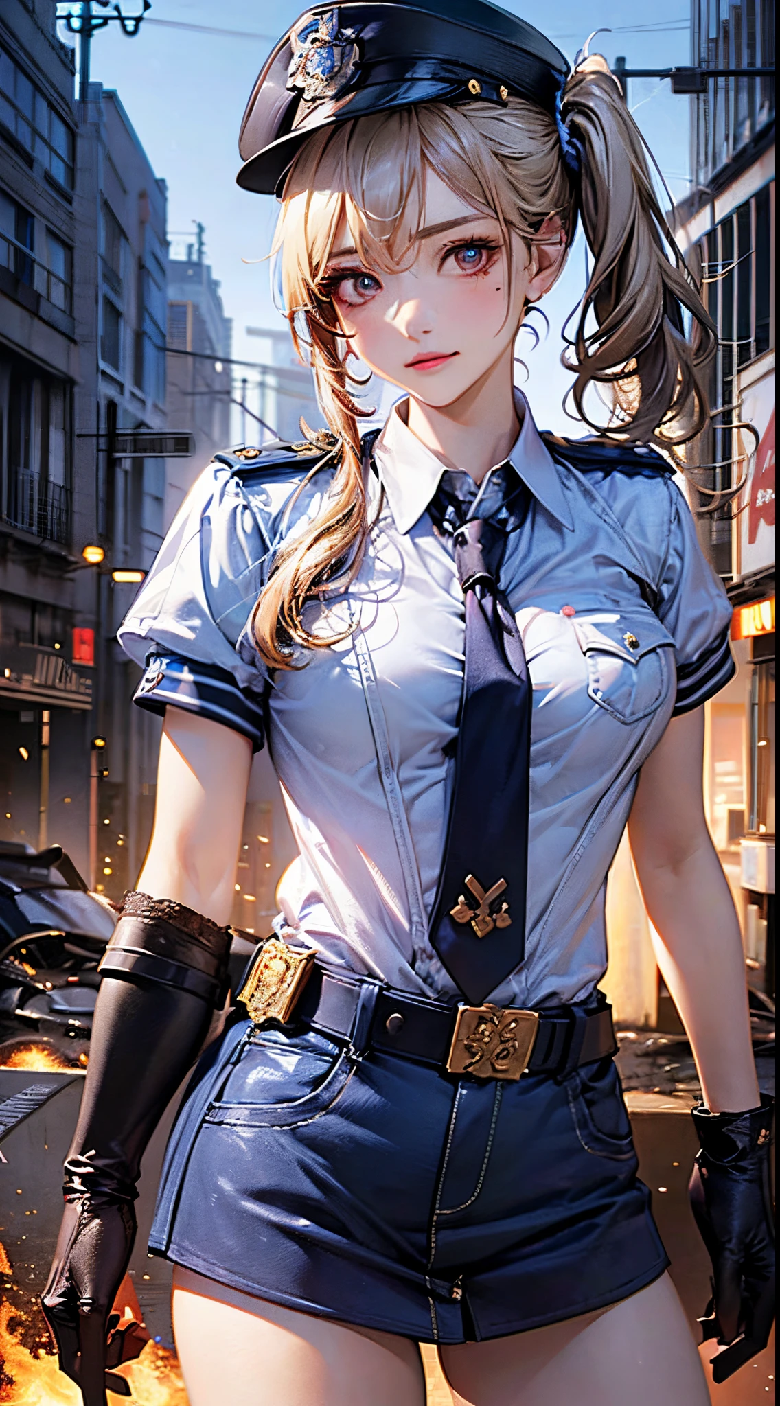 (((perfect anatomy, super detailed skin))), 1 girl, japanese, police girl, shiny skin, large breasts:0.5, looking away, looking up, watching the view, 
beautiful hair, beautiful face, beautiful detailed eyes, (long hair:1.5, side ponytail:1.7), blond hair, bangs, hair between eye, red eyes, 
beautiful clavicle, beautiful body, beautiful chest, beautiful thighs, beautiful legs, babyface, mole under eye, 
((policewoman uniform, light blue short sleeved shirt, navy necktie, high waisted miniskirt), belt, white gloves, police hat, handcuffs), seductive thighs, 
(((aiming at viewer, holding pistol, handgun))), , 
(beautiful scenery), wasteland, burning city, 
8k, top-quality, masterpiece​:1.2, extremely detailed), (realistic, photorealistic:1.2), beautiful illustration, cinematic lighting,