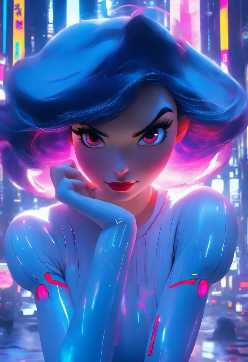 masterpiece, photo realistic techniques, ((photographic style)), full body, Disney Princess  snow white as a futuristic cyberpunk girl, neon, vibrant colors.   --ar 4:5 --v 5.2