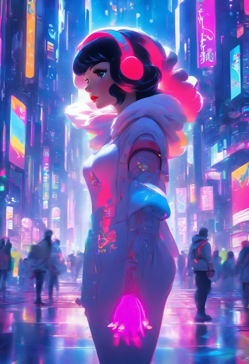 masterpiece, photo realistic techniques, ((photographic style)), full body, Disney Princess snow white as a futuristic cyberpunk girl, neon, vibrant colors. --ar 4:5 --v 5.2