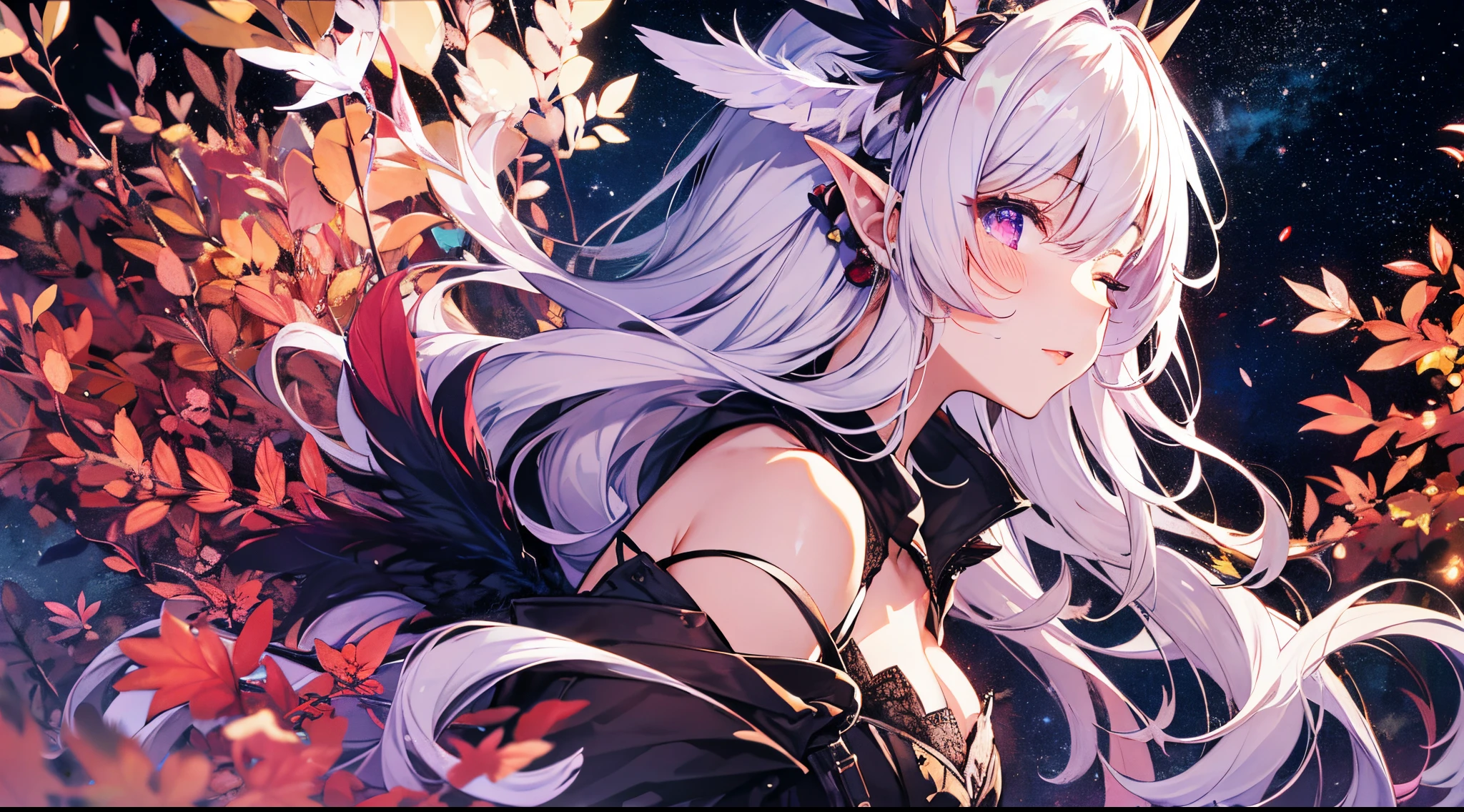 ((tmasterpiece:1.4, Best quality at best))+, (hyper-detailing)+, (Ultra-detailed eyes)+, (winged ears:1.5), (cute girls), 15year old, (Crimson pupils:1.15), Long dark blond hair, long braid, Bushy hair(wariza:1.2), pale-skinned, Star Crystal, red bird feathers, Empty eyes, Blood-red lips (She wore a conservative red and yellow bird feather coat, Black pattern, :1.5), (Starry Sky Cloak:1.4), The sleeves are extra-long, Red bird feather headdress, Flame hair, baiyun, A sea of red leaves and vines, Dream bubbles, black fingernails, green leafy corolla, red apple, Purple grapes, Turn your back to everyone, purple tears, Metal anklet (bird feathers:1.1), (dawn light:1.2), (Thick black and white:1.16), (depth of fields:1.4), Complicated details, color mixing, Detailed route, Excellent, super detailing, The content is very detailed, (hight contrast:1.11), ventania, Amazing cleavage, beautidful eyes, messy hair, (best illuminate, Extremely Delicately Beautiful), ((movie light lighting)), (seen from the side:1.3), tmasterpiece, Best quality at best, cinematic Film still from, 1 plump girl, (Close-up cleavage:1.1), bright, cheerfulness, Interesting, gentlesoftlighting, (bauhause, shape, line engineering, Abstract:1.1)offcial art, Unity 8k壁纸, ultra - detailed, Beautiful and beautiful, tmasterpiece, Best quality at best, (dynamic angle:1.4), romantic depth of field exotic_dance, PerfectNwsjMajic, (tmasterpiece, top-quality, Best quality at best, offcial art, Beauty and aesthetics:1.2), The content is very detailed, rich colourful, highest details, multicolored hair, colored inner hair, side swept bangs, horns, long pointy ears, one eye closed, diamond-shaped pupils, bored, ear blush, yandere, motion blur, bloom, from side, 16k, highres, best quality