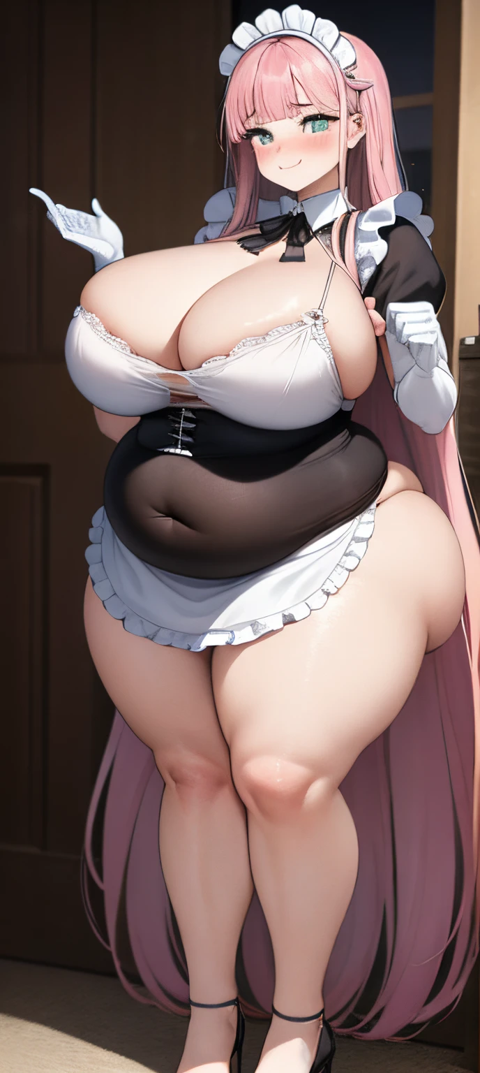 realistic, 1girl, pink hair, very long hair, wear bride veil, straight hair, blunt bangs, (beautiful eyes), blush, ((((white maid dress, fully clothed)))), ((big breast)), maid headband, white hand gloves, high heels, ribbon, night, indoor, staring at viewer, lipstick, closed mouth, bare foot, sfw, very big breast, [big belly], covered belly, thicc girl, standing, fat girl, obese girl, smile