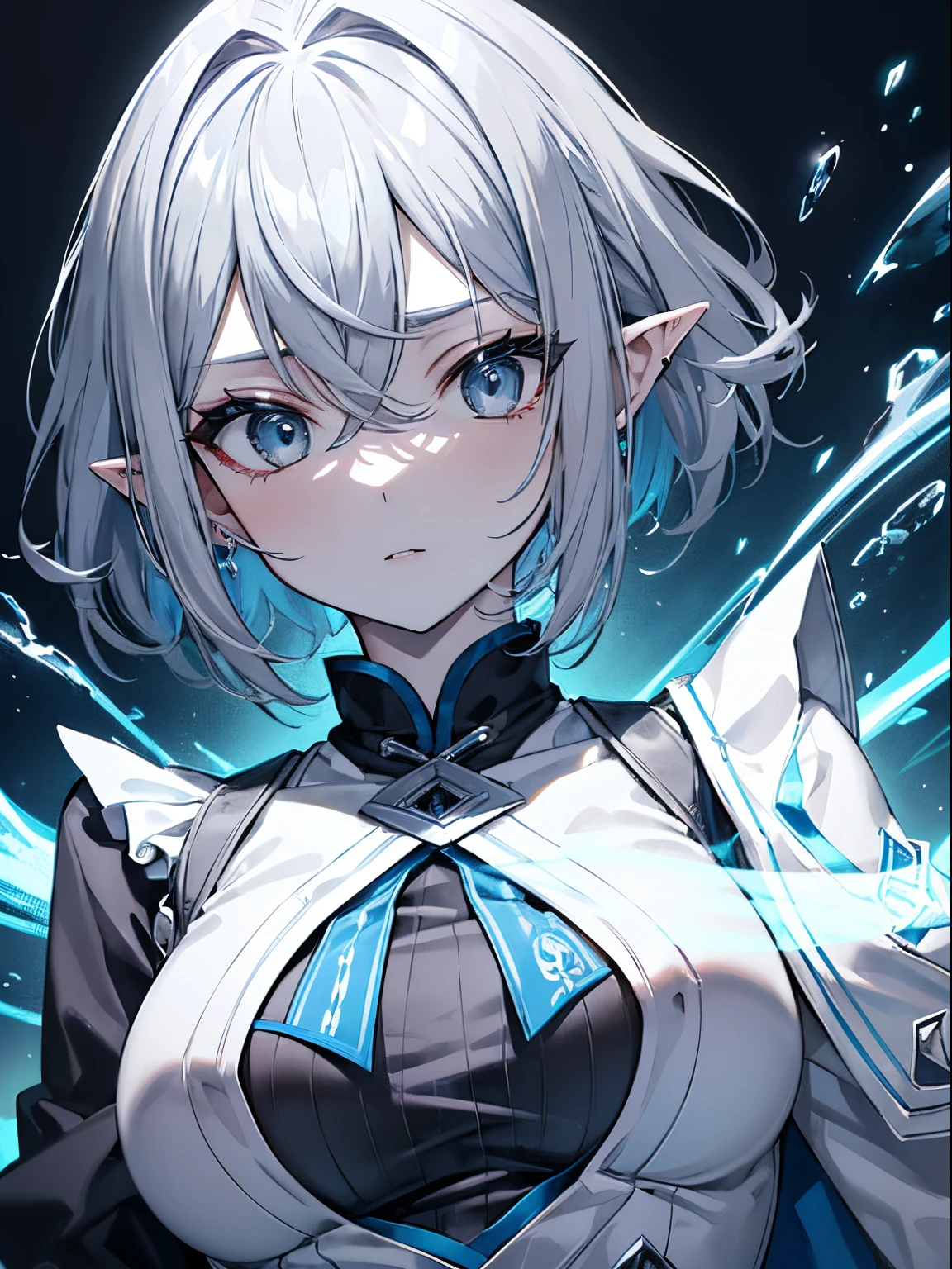 (tmasterpiece, Best quality, 超高分辨率),1 busty girl,Short hair details,(colored skin,Reference skin),pointy ears,their's angle,beautiful and detail face, A detailed eye,Rock fashion,jaket, Open jacket, black shirt,On the street,natta,((grey and blue theme))