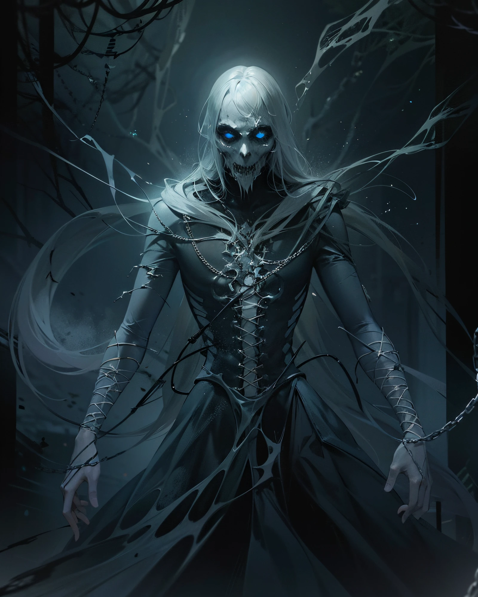 Generate an image of a creature with a spectral and ghostly appearance. Her skin is pale, almost translucent. His eyes shine with a bluish glow, and he wears dark, torn clothes that float around him, as if permeated by an aura of mourning. Its appearance is complemented by details such as chains, symbols of mourning, and gothic elements, further emphasizing its dark air. It is portrayed as a haunted and tormented entity.