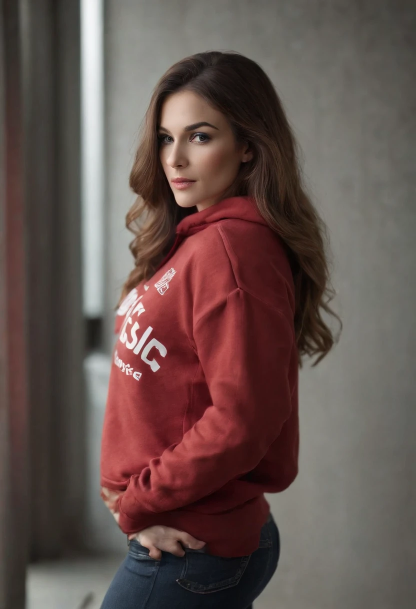 A beautiful woman with a big elastic butt, POSING FOR THE CAMERA IN A PORTRAIT WITH A SWEATSHIRT AND LONG TIGHT PANTS......,muy detallado, hermoso cuerpo y cara, se parece al original, Pelo rojo, en EL AEROPUERTO