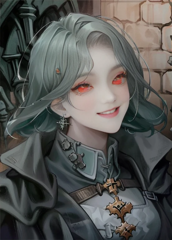 ((best quality)), ((highly detailed)), masterpiece, extremely detailed face, beautiful face, (detailed eyes, deep eyes), (1girl), cowboy shot, ((gazer)), cyclop, (cyclops), one-eyed, colored skin, yellow colored sclera, red colored eyes, extra eyes, colored skin, grey colored skin, dark grey hair, medium breasts, smile, (inside, at an arcade), ddstyle, (darkest dungeon:1.3)