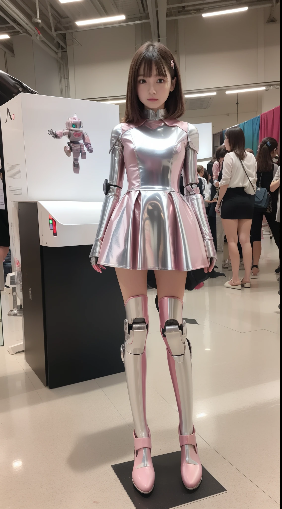Robot Girl, pink there, Silver, Metallic body, Robot Parts, Metal Parts, Super Detailed Face, Super well-formed face, of the highest quality, a small face, a small head, Brown hair, Slender body, Camera gaze, Internal Mechanical Exposure, Idol, front facing, Well-proportioned body, sale, exhibition, Event Hall, Moe Pose, pink metallic Princess Dress Machine Armor, Standing with legs open, Model body type, sad, Embarrassing,(Perfect Robot Girl),(Perfect machine body)
