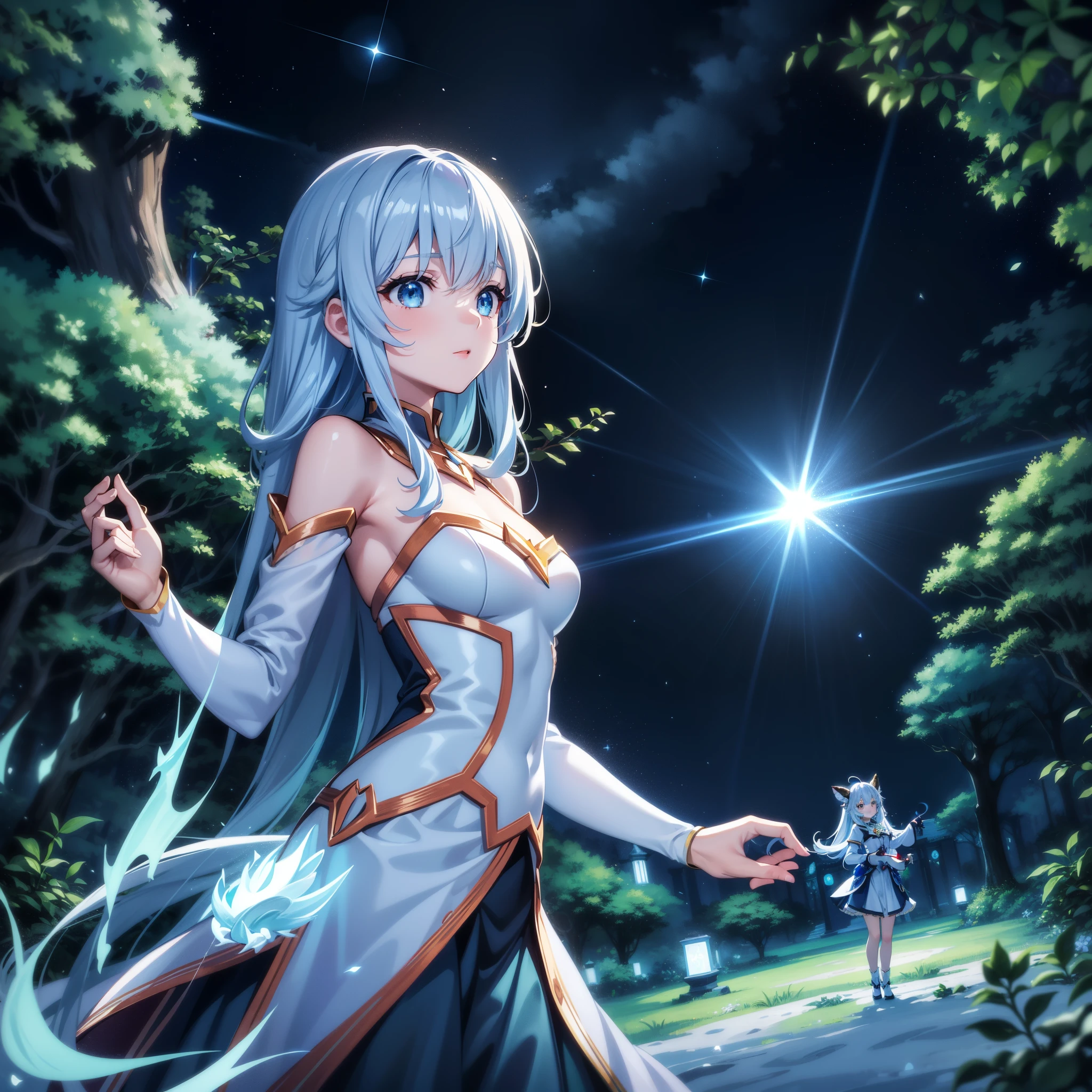 ((ultra-detailliert)), ((Best Illustration)), ((Movie Lighting)), Dynamic Angle, floating, Fine, (The Flash: 1.2), (shine: 1.2), (shine: 1.2), "(Best Quality), Super detailed depiction of a beautiful girl, Light blue long hair、Twin-tailed、 Fantastic background、Fantasia、Fairy World、In the colorful forest、Surrounded by snow-white owls and vivid vegetation、cinematic colors、Refreshing, Starry sky、Dazzling moonlight