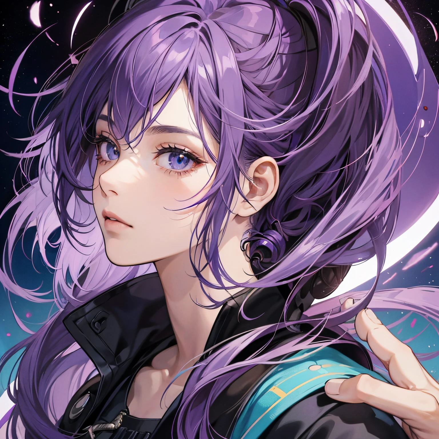 de pelo roxo escuro, Olhos azuis, Illustrations, alta qualidade, ultra-detalhado, vivid colors, retrato, tons de cores quentes, soft lighting, long flowing purple hair, Mechanical Accessories, Contexto industrial, intense expression