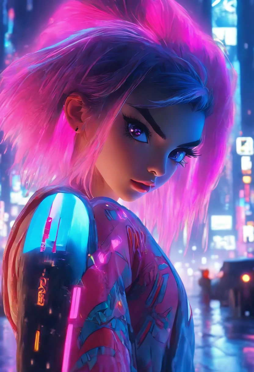 (best quality,4k,8k,highres,masterpiece:1.2),ultra-detailed,(realistic,photorealistic,photo-realistic:1.37),Disney Princess,1girl,snow white,futuristic,cyberpunk,neon,vibrant colors,beautiful detailed eyes,beautiful detailed lips,extremely detailed eyes and face,longeyelashes,glowing makeup,high-tech accessories,edgy hairstyle,dynamic pose,metallic clothing,futuristic cityscape in the background,hovering vehicles,neon signs illuminating the surroundings,futuristic skyscrapers,reflection of neon lights on wet streets,shimmering holograms,glowing tattoos on her arms and legs,nighttime rain,electric blue and neon pink color scheme,soft diffused lighting,subtle lens flares,moody atmosphere.