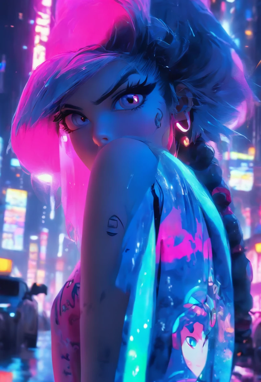 (best quality,4k,8k,highres,masterpiece:1.2),ultra-detailed,(realistic,photorealistic,photo-realistic:1.37),Disney Princess,1girl,snow white,futuristic,cyberpunk,neon,vibrant colors,beautiful detailed eyes,beautiful detailed lips,extremely detailed eyes and face,longeyelashes,glowing makeup,high-tech accessories,edgy hairstyle,dynamic pose,metallic clothing,futuristic cityscape in the background,hovering vehicles,neon signs illuminating the surroundings,futuristic skyscrapers,reflection of neon lights on wet streets,shimmering holograms,glowing tattoos on her arms and legs,nighttime rain,electric blue and neon pink color scheme,soft diffused lighting,subtle lens flares,moody atmosphere.