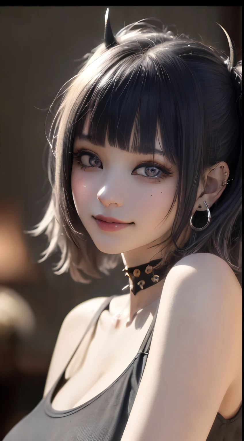 masutepiece, Best Quality, Ultra-detailed, 8K, Detailed light, detailed shadow, raw, (Detailed skin),(Realistic:1.2), Volumetric lighting, Best Shadows, Shallow depth of field, Face Focus, 1 girl, Face, 18 year old, Portrait Of Stunningly Beautiful Girl, Delicate beautiful attractive face with attractive eyes, fine detailed eyes, huge smile, Open mouth, Fangs Out, Lovely Big Breasts, Blush Eyeshadow, Blue hair, ((Medium short hair)), ((hair messy)), (Short hair), (((Unkempt hair))), ((Big size short twin tails)), ((oblique bangs, Blunt bangs, oblique bangs, Straight bangs)), ((Yellow eyes, Yellow contact lenses, slanted eye)), ((Thick eyebrows)), tusk, (((Spiteful smile, Smirk, tusk))), ((Wearing a black short-sleeved shirt)), spike choker, Huge breasts, Facial piercings, lots of earrings, Tattoos, Highly detailed fine art, (finely detailed beautiful eyes and detailed face), delicate portrayal of facial features, Detailed Metal Jewelry, (Highest Quality, Amazing details:1.25), (Solo:1.3), masutepiece, High quality, Brilliant Colorful Paintings