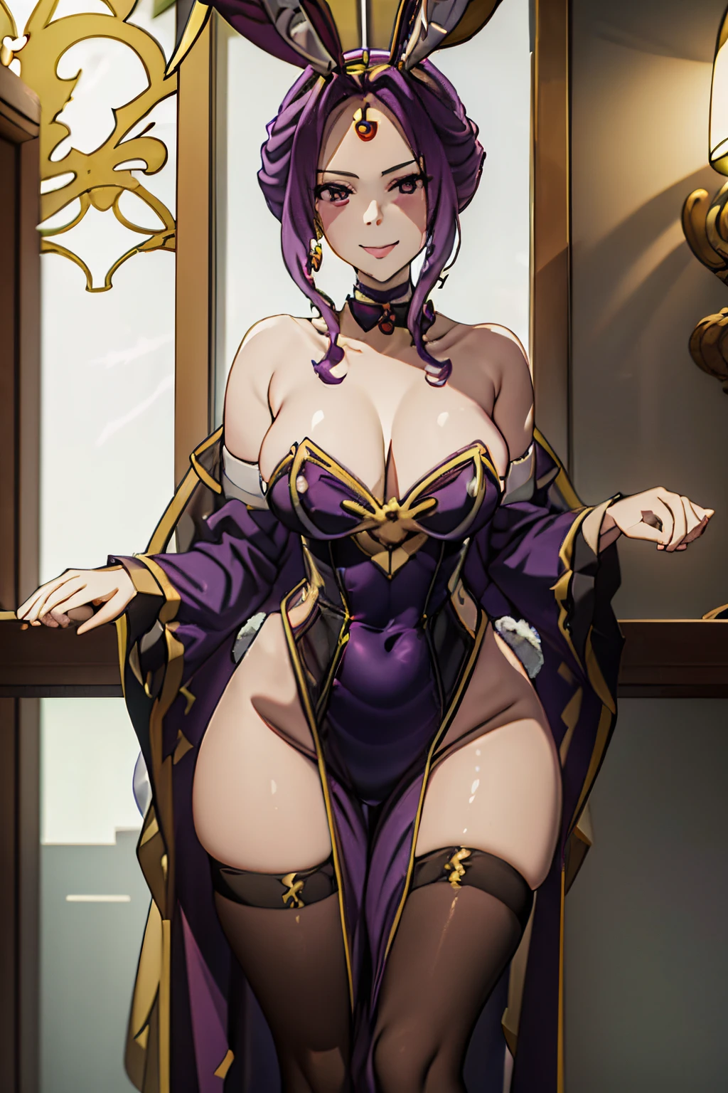 Mirellia Q melromarc, purple bunny costume, purple hair, bunny ears, bare leg, sure face, smiling, bishoujo, sexy, choker, strapless, masterpiece