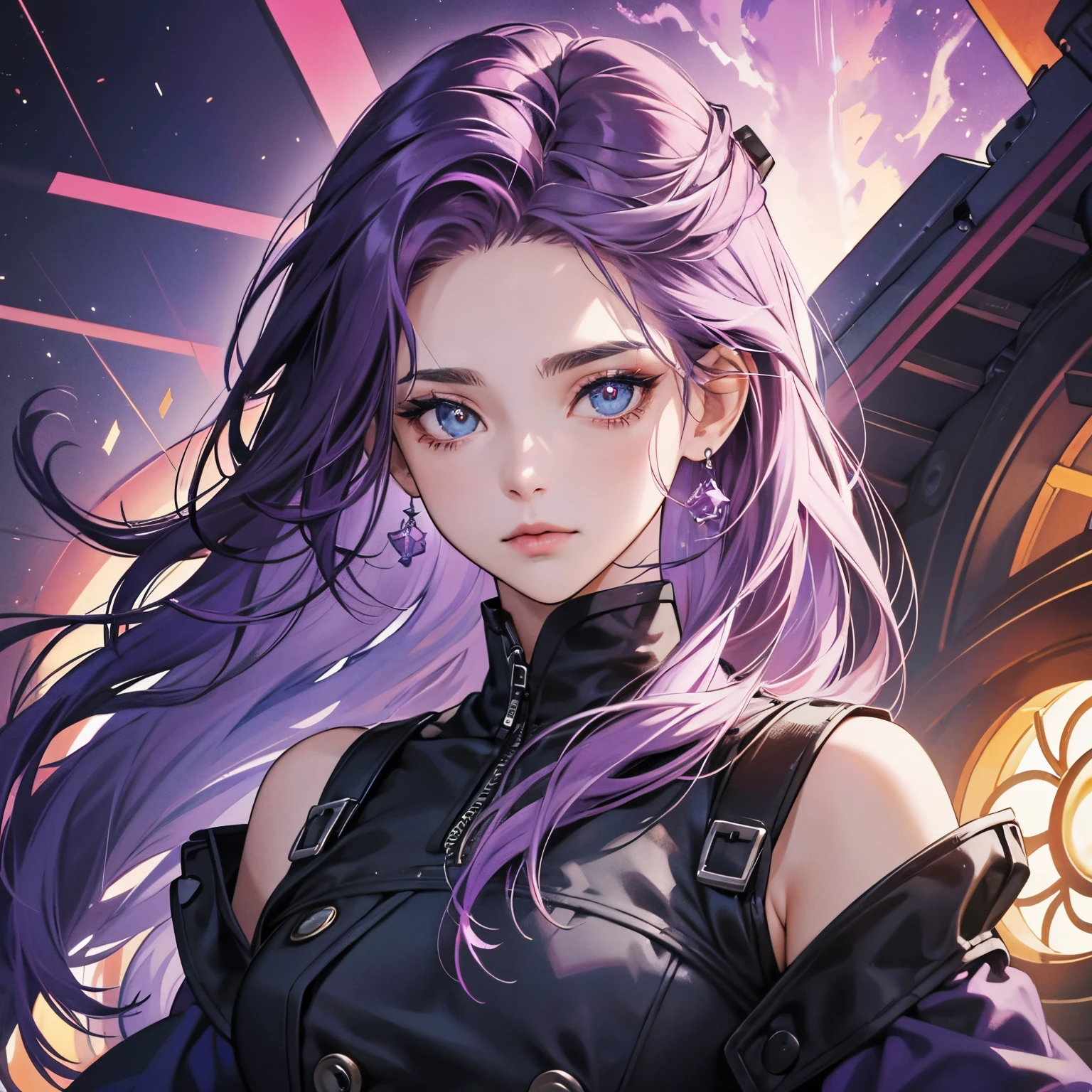  de pelo roxo, Olhos azuis, Illustrations, alta qualidade, ultra-detalhado, vivid colors, retrato, tons de cores quentes, soft lighting, long flowing purple hair, Mechanical Accessories, Contexto industrial, intense expression