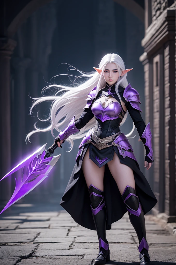 An Elf female with white hair, purple eyes, wearing black full armor, full body pose, holding a spear in both hands