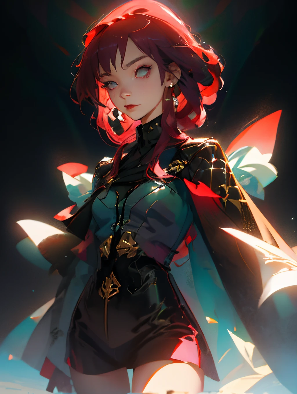 Anime, black girl, long curly red hair, dark clothing, whip