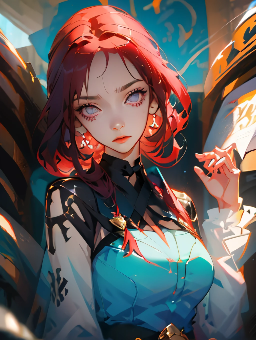 Anime, black girl, long curly red hair, dark clothing, whip