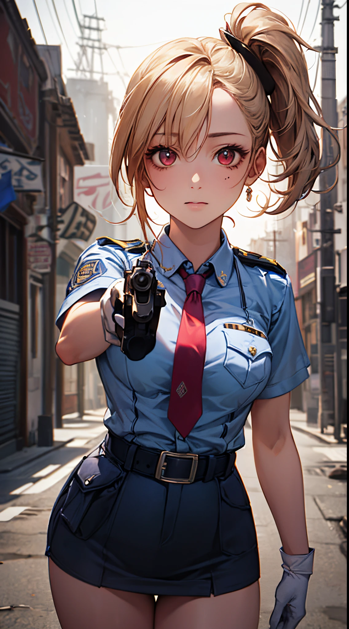 (((perfect anatomy, super detailed skin))), 1 girl, japanese, police girl, shiny skin, large breasts:0.5, looking away, looking up, watching the view, 
beautiful hair, beautiful face, beautiful detailed eyes, (long hair:1.5, side ponytail:1.7), blond hair, bangs, hair between eye, red eyes, 
beautiful clavicle, beautiful body, beautiful chest, beautiful thighs, beautiful legs, babyface, mole under eye, 
((policewoman uniform, light blue short sleeved shirt, navy necktie, high waisted miniskirt), belt, white gloves, police hat, handcuffs), seductive thighs, 
(((aiming at viewer, holding pistol, handgun))), , 
(beautiful scenery), wasteland, burning city, 
8k, top-quality, masterpiece​:1.2, extremely detailed), (realistic, photorealistic:1.2), beautiful illustration, cinematic lighting,