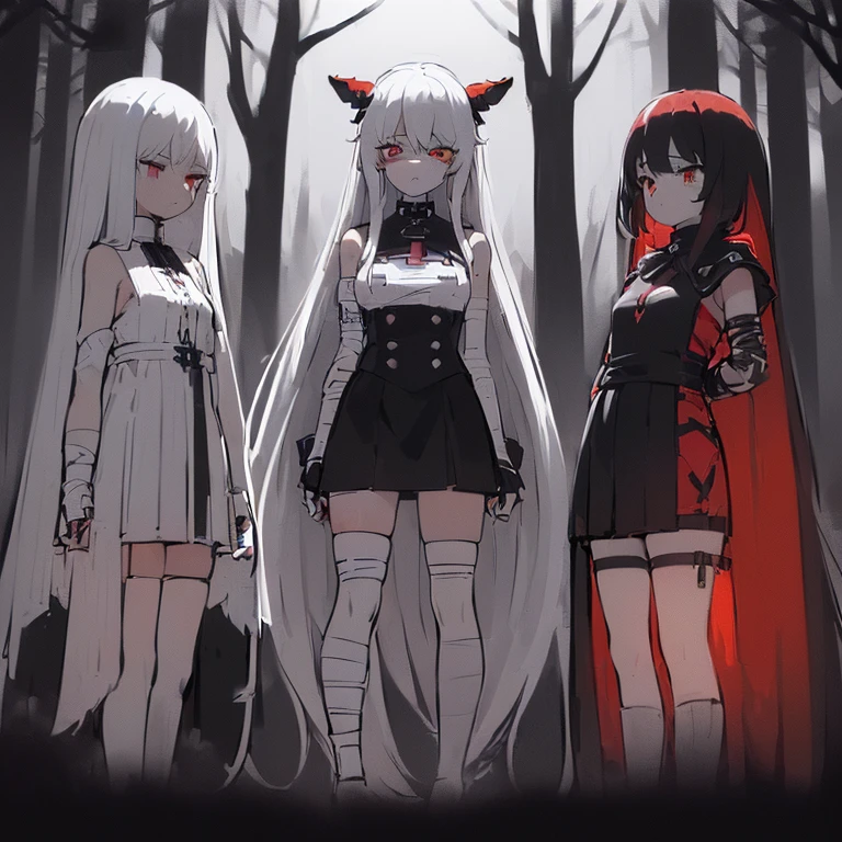 ((4 women, of different sizes,((bandages, breasts, mini skirt, small breasts,((very long black and white hair, black and red eyes, hopeless face)),((standing, 1 arm behind the back )),in a haunted forest, at night,