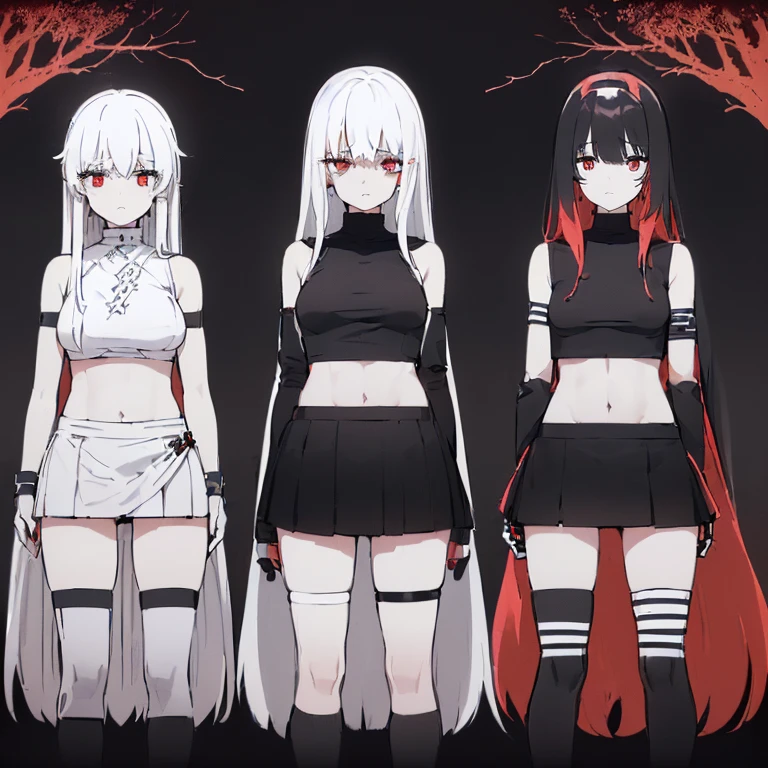 ((4 women, of different sizes,((bandages, breasts, mini skirt, small breasts,((very long black and white hair, black and red eyes, hopeless face)),((standing, 1 arm behind the back )),in a haunted forest, at night,