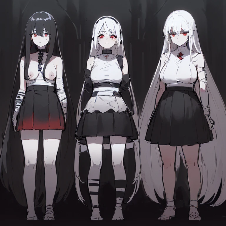 ((4 women, of different sizes,((bandages, breasts, mini skirt, small breasts,((very long black and white hair, black and red eyes, hopeless face)),((standing, 1 arm behind the back )),in a haunted forest, at night,