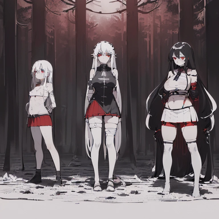 ((4 women, of different sizes,((bandages, breasts, mini skirt, small breasts,((very long black and white hair, black and red eyes, hopeless face)),((standing, 1 arm behind the back )),in a haunted forest, at night,