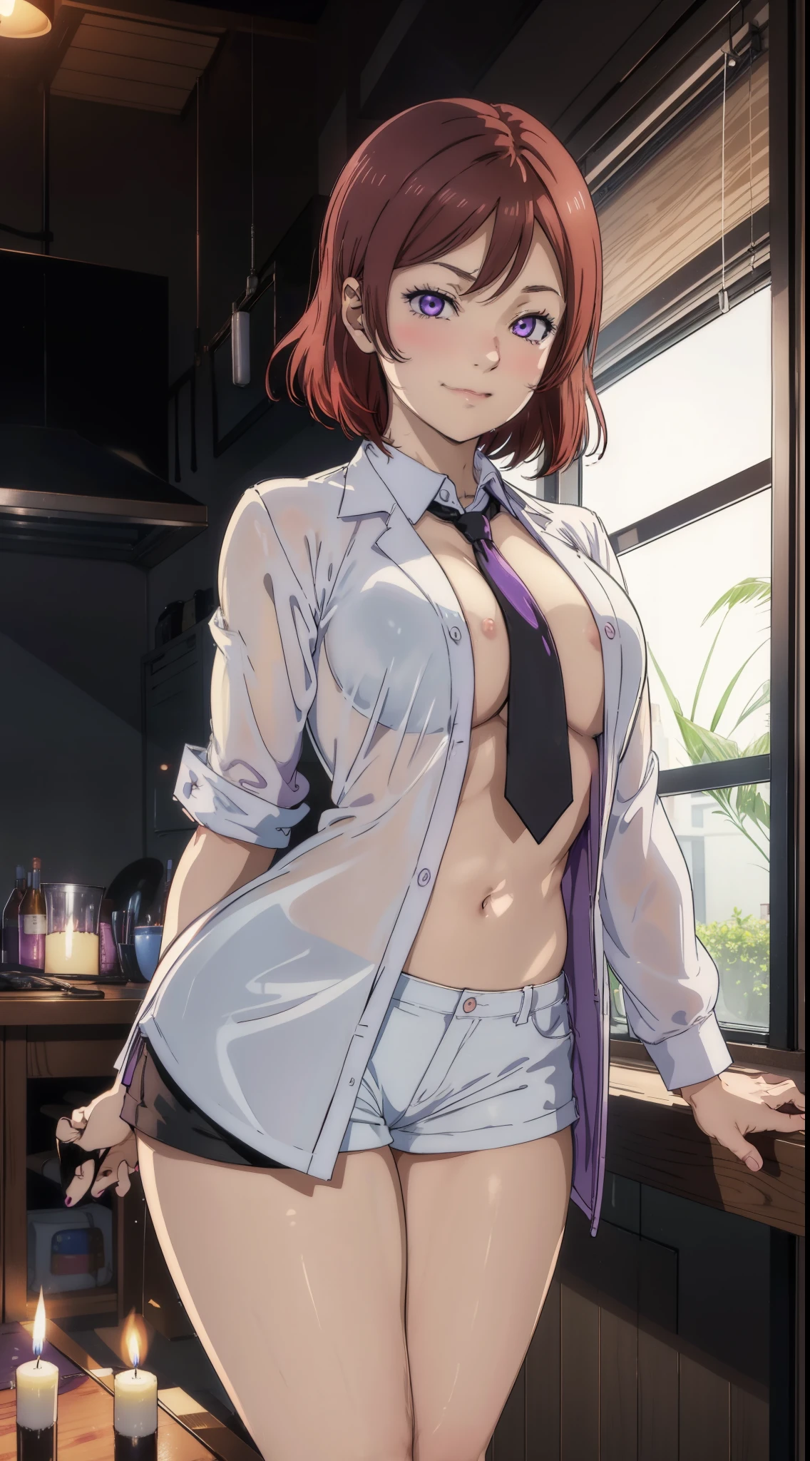 Nishikino maki, Purple eyes,  big breasts, bangs,white shirt, short black shorts, dark brown pantyhose, necktie, opened lab coat, slightly smile, standing, dark room lightened by candlelight,navel, tight,bent over, looking at viewer, Blushing,pov