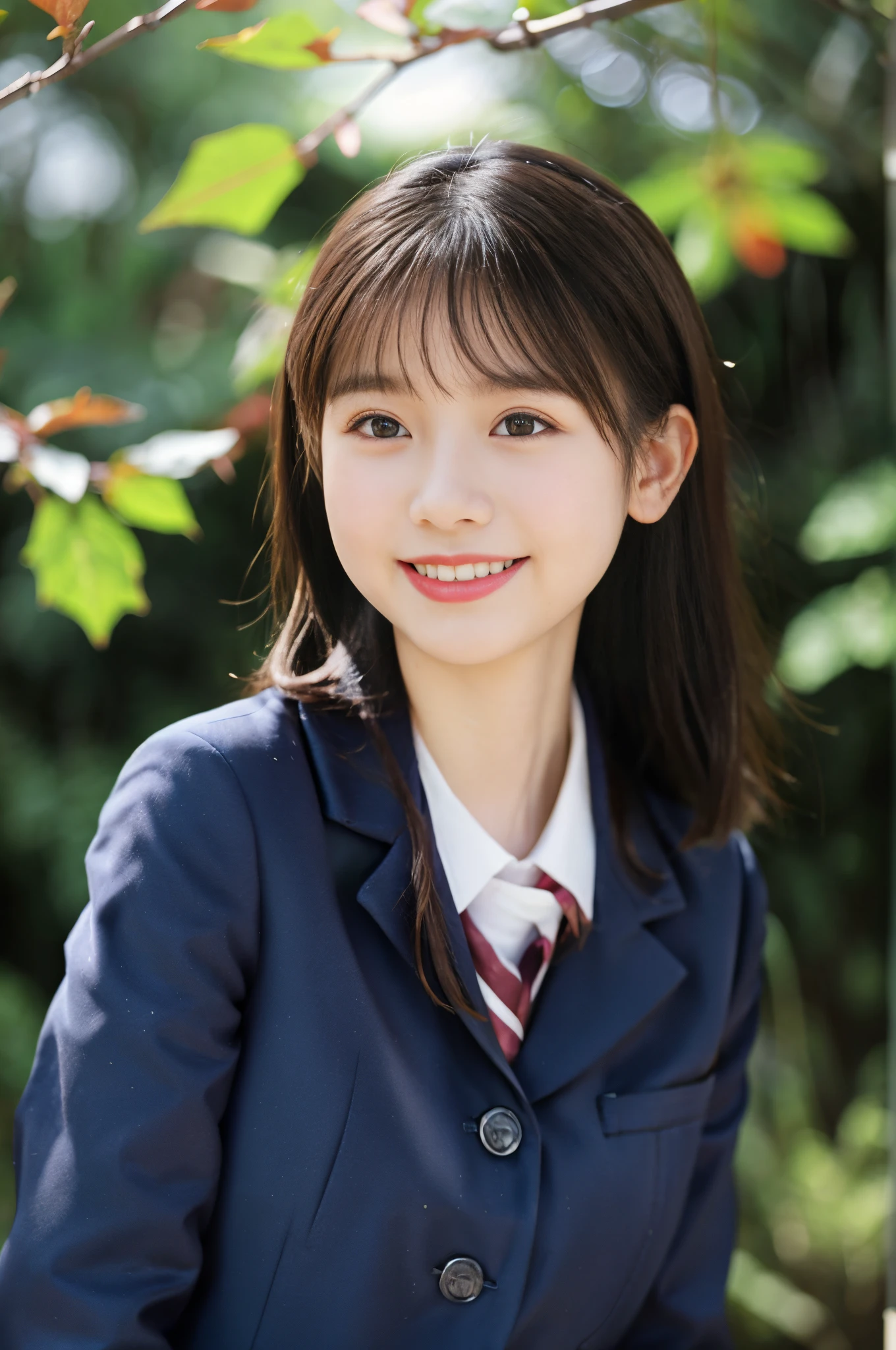 masterpiece, top-quality、Raw foto, Photorealsitic、1little girl、12year old、Junior High School Classroom、(facial close-up)、White blouses、Smile with wide open mouth、Very Shorthair、Junior High School Uniforms、unbelievable Ridiculous、depth of fields, hight resolution, ultra-detailliert, foco nítido, Cinematic lighting