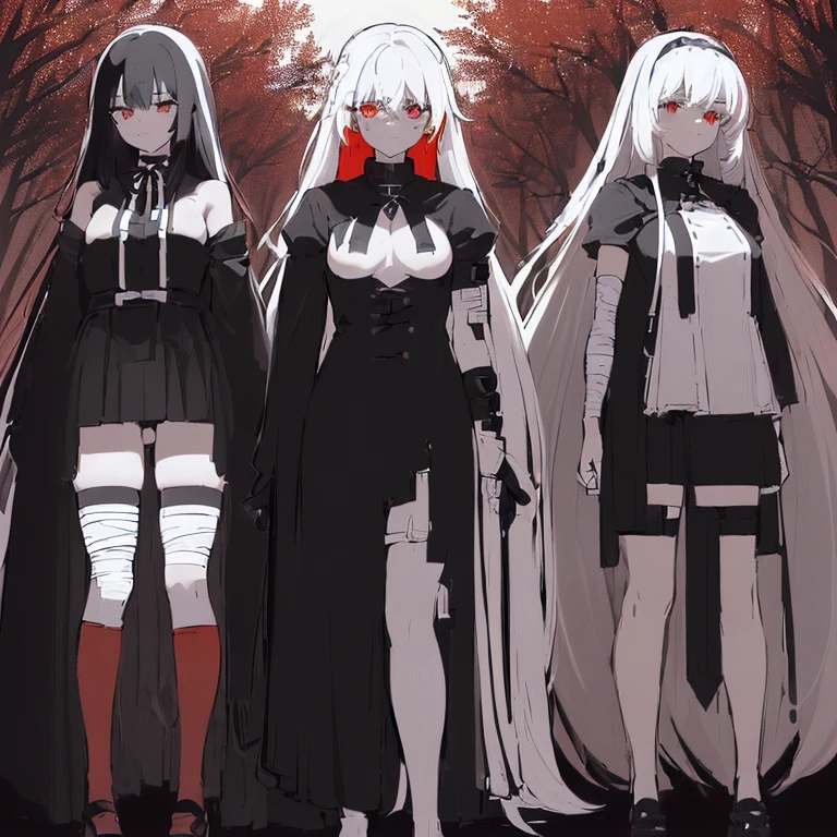 ((4 women, of different sizes,((bandages, breasts, mini skirt, small breasts,((very long black and white hair, black and red eyes, hopeless face)),((standing, 1 arm behind the back )),in a haunted forest, at night,