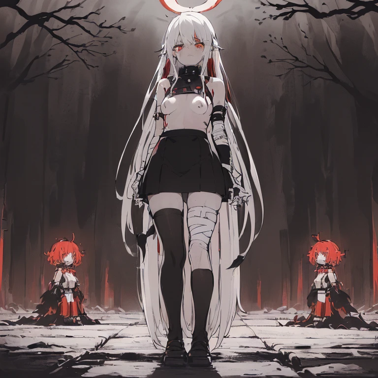 ((4 women, of different sizes,((bandages, breasts, mini skirt, small breasts,((very long black and white hair, black and red eyes, hopeless face)),((standing, 1 arm behind the back )),in a haunted forest, at night,