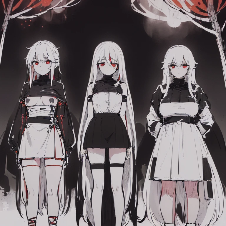 ((4 women, of different sizes,((bandages, breasts, mini skirt, small breasts,((very long black and white hair, black and red eyes, hopeless face)),((standing, 1 arm behind the back )),in a haunted forest, at night,