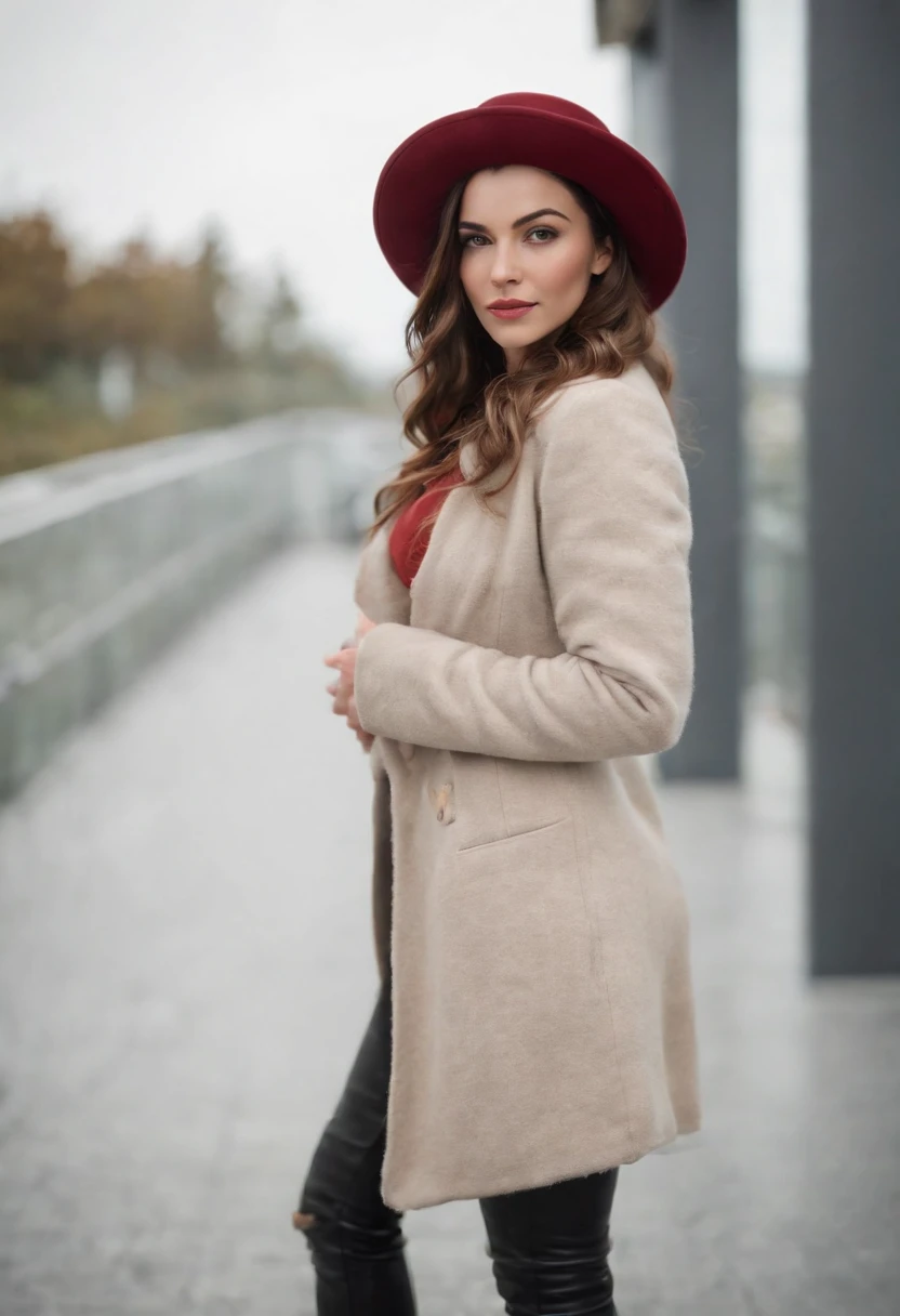 A beautiful woman with a big elastic butt, POSING FOR THE CAMERA IN A PORTRAIT WITH WOOL JACKET AND HAT AND LONG TIGHT PANTS......,muy detallado, hermoso cuerpo y cara, se parece al original, Pelo rojo, en el aeropuerto