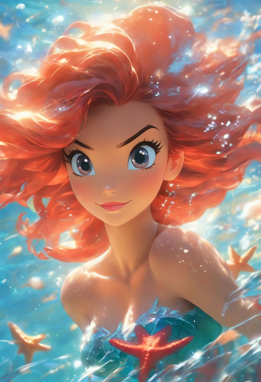 (best quality, masterpiece:1.2), ultra-detailed, realistic:1.37, portraits, Ariel the Little Mermaid of Disney, exquisite facial features, long flowing red hair, captivating blue eyes, delicate nose and lips, flawless skin, shimmering scales on her tail, intricate fin details, soft and ethereal lighting, enchanting underwater setting, sparkling ocean waves, golden sunlight filtering through the water, a starfish held delicately in her hand, gentle sea foam surrounding her, a sense of tranquility and wonder in her expression, vibrant and saturated colors, a mesmerizing and timeless portrayal.