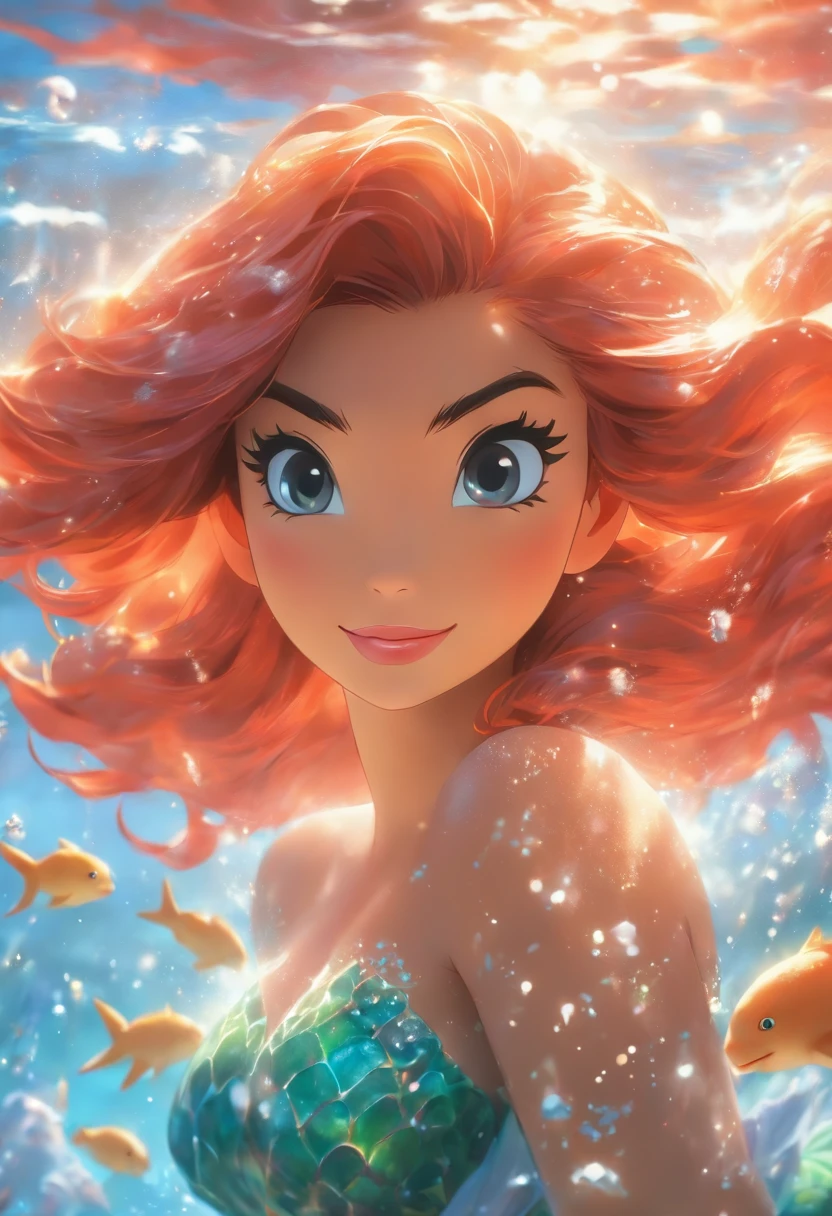 (best quality, masterpiece:1.2), ultra-detailed, realistic:1.37, portraits, Ariel the Little Mermaid of Disney, exquisite facial features, long flowing red hair, captivating blue eyes, delicate nose and lips, flawless skin, shimmering scales on her tail, intricate fin details, soft and ethereal lighting, enchanting underwater setting, sparkling ocean waves, golden sunlight filtering through the water, a starfish held delicately in her hand, gentle sea foam surrounding her, a sense of tranquility and wonder in her expression, vibrant and saturated colors, a mesmerizing and timeless portrayal.