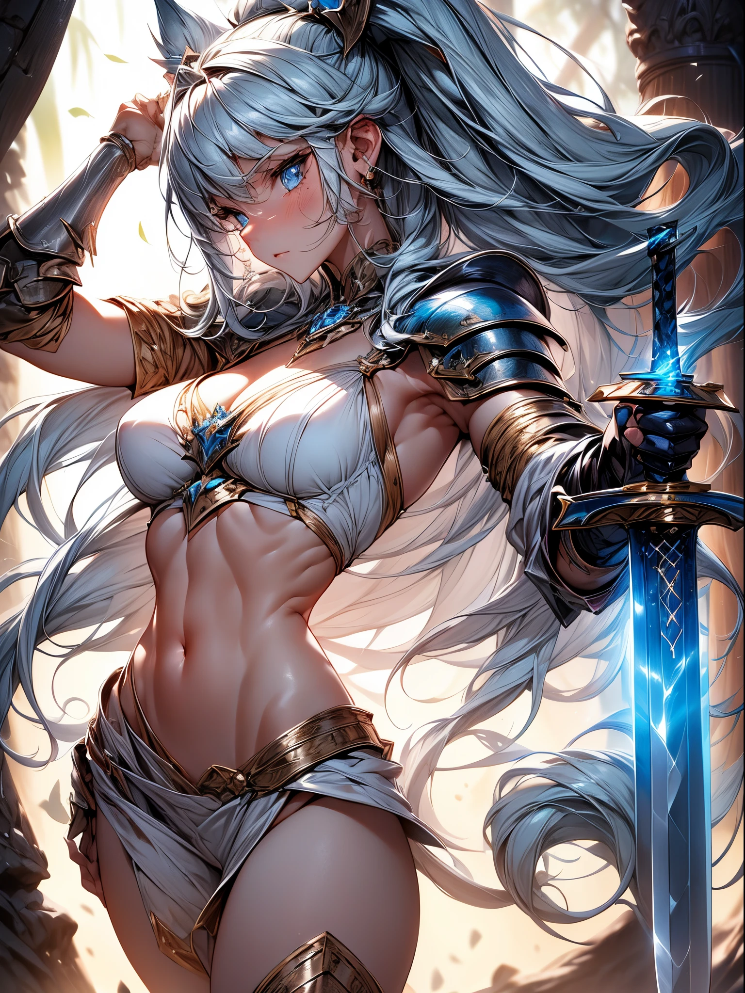 Absurdres ,1 girl,Serious,Silver hair,Wolf ears,Blue eyes,Bikini Armor,(holding sword :1.3),Abs,silver gauntlet ,leather waist seath,BREAK,(upward glance :1.3),Dynamic Pose,Dynamic Angle,dynamic lighting,wilderness,fantasy,BREAK,best quality,insanely detailed,Hyper realistic, Perfect Anatomy,perfect 5 fingers,amazing,super fine illustration