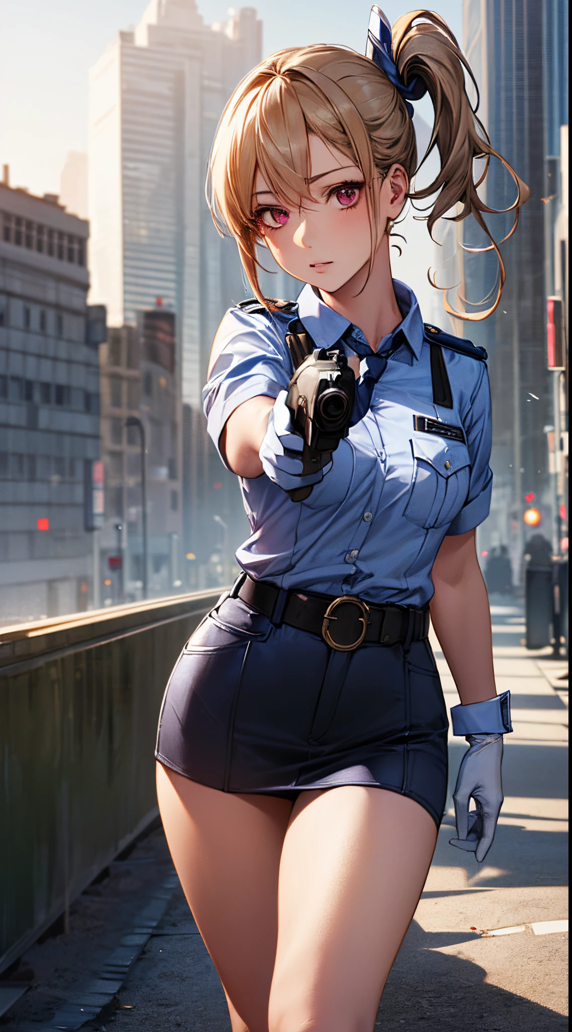 (((perfect anatomy, super detailed skin))), 1 girl, japanese, police girl, shiny skin, large breasts:0.5, looking away, looking up, watching the view, 
beautiful hair, beautiful face, beautiful detailed eyes, (long hair:1.5, side ponytail:1.7), blond hair, bangs, hair between eye, red eyes, 
beautiful clavicle, beautiful body, beautiful chest, beautiful thighs, beautiful legs, ****face, mole under eye, 
((policewoman uniform, light blue short sleeved shirt, navy necktie, high waisted miniskirt), belt, white gloves, police hat, handcuffs), seductive thighs, 
(((aiming at viewer, holding pistol, handgun))), , 
(beautiful scenery), wasteland, burning city, 
8k, top-quality, masterpiece​:1.2, extremely detailed), (realistic, photorealistic:1.2), beautiful illustration, cinematic lighting,