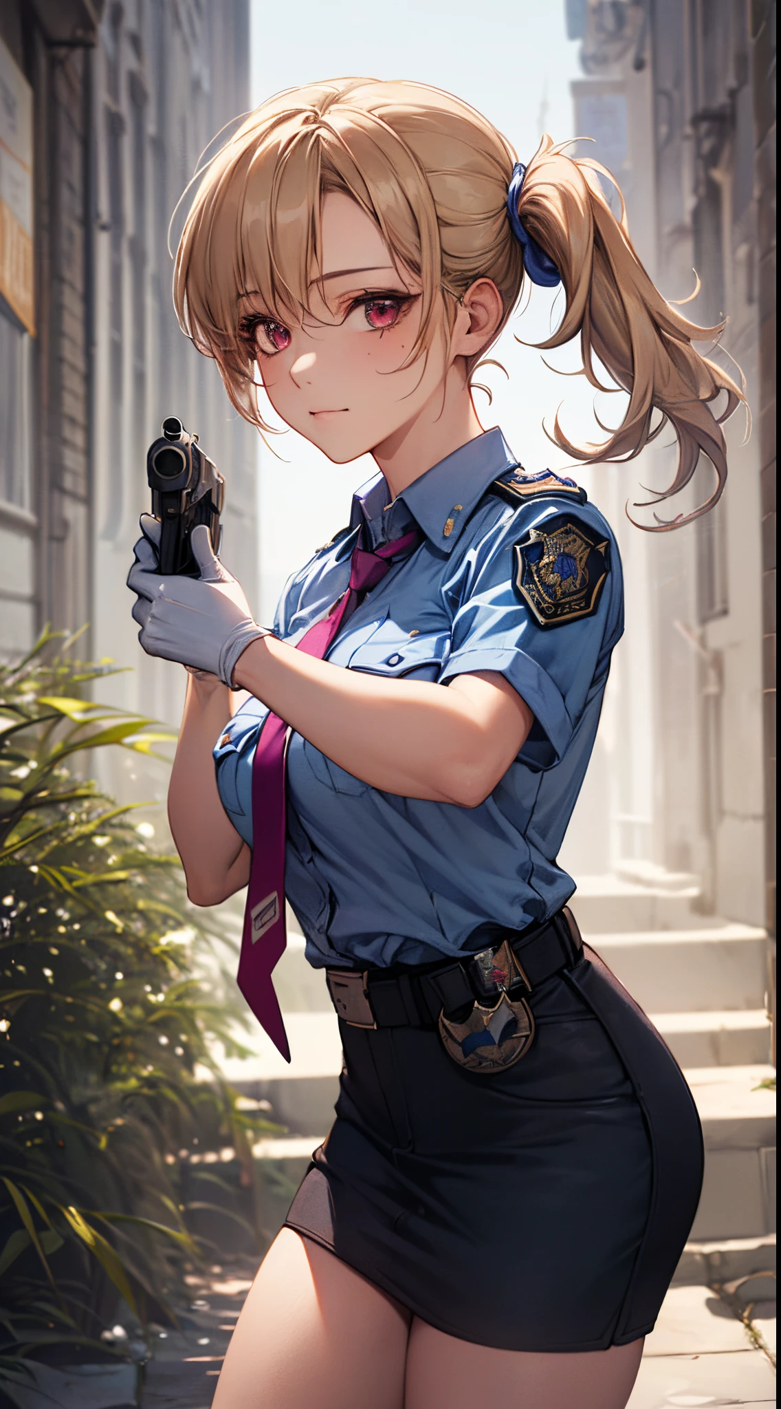 (((perfect anatomy, super detailed skin))), 1 girl, japanese, police girl, shiny skin, large breasts:0.5, looking away, looking up, watching the view, 
beautiful hair, beautiful face, beautiful detailed eyes, (long hair:1.5, side ponytail:1.7), blond hair, bangs, hair between eye, red eyes, 
beautiful clavicle, beautiful body, beautiful chest, beautiful thighs, beautiful legs, babyface, mole under eye, 
((policewoman uniform, light blue short sleeved shirt, navy necktie, high waisted miniskirt), belt, white gloves, police hat, handcuffs), seductive thighs, 
(((aiming at viewer, holding pistol, handgun))), , 
(beautiful scenery), wasteland, burning city, 
8k, top-quality, masterpiece​:1.2, extremely detailed), (realistic, photorealistic:1.2), beautiful illustration, cinematic lighting,