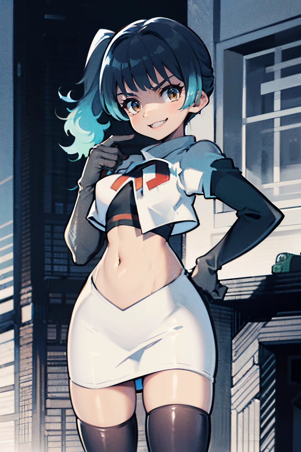 sena \(xenoblade\), 1girl,team rocket,team rocket uniform,white skirt,crop top, red letter R, black thigh-highs,black elbow gloves,evil smile