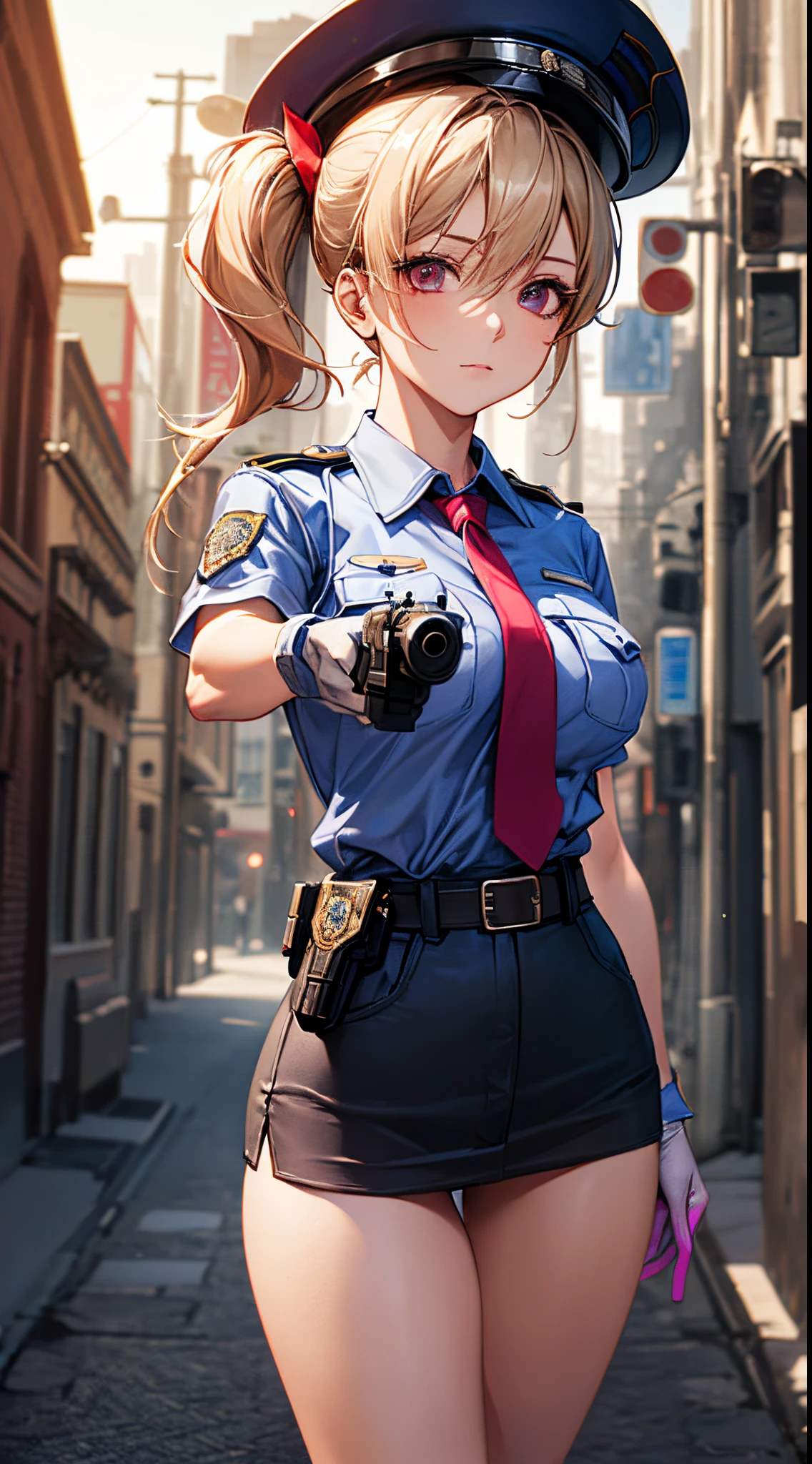 (((perfect anatomy, super detailed skin))), 1 girl, japanese, police girl, shiny skin, large breasts:0.5, looking away, looking up, watching the view, 
beautiful hair, beautiful face, beautiful detailed eyes, (long hair:1.5, side ponytail:1.7), blond hair, bangs, hair between eye, red eyes, 
beautiful clavicle, beautiful body, beautiful chest, beautiful thighs, beautiful legs, babyface, mole under eye, 
((policewoman uniform, light blue short sleeved shirt, navy necktie, high waisted miniskirt), belt, white gloves, police hat, handcuffs), seductive thighs, 
(((aiming at viewer, holding pistol, handgun))), , 
(beautiful scenery), wasteland, burning city, 
8k, top-quality, masterpiece​:1.2, extremely detailed), (realistic, photorealistic:1.2), beautiful illustration, cinematic lighting,