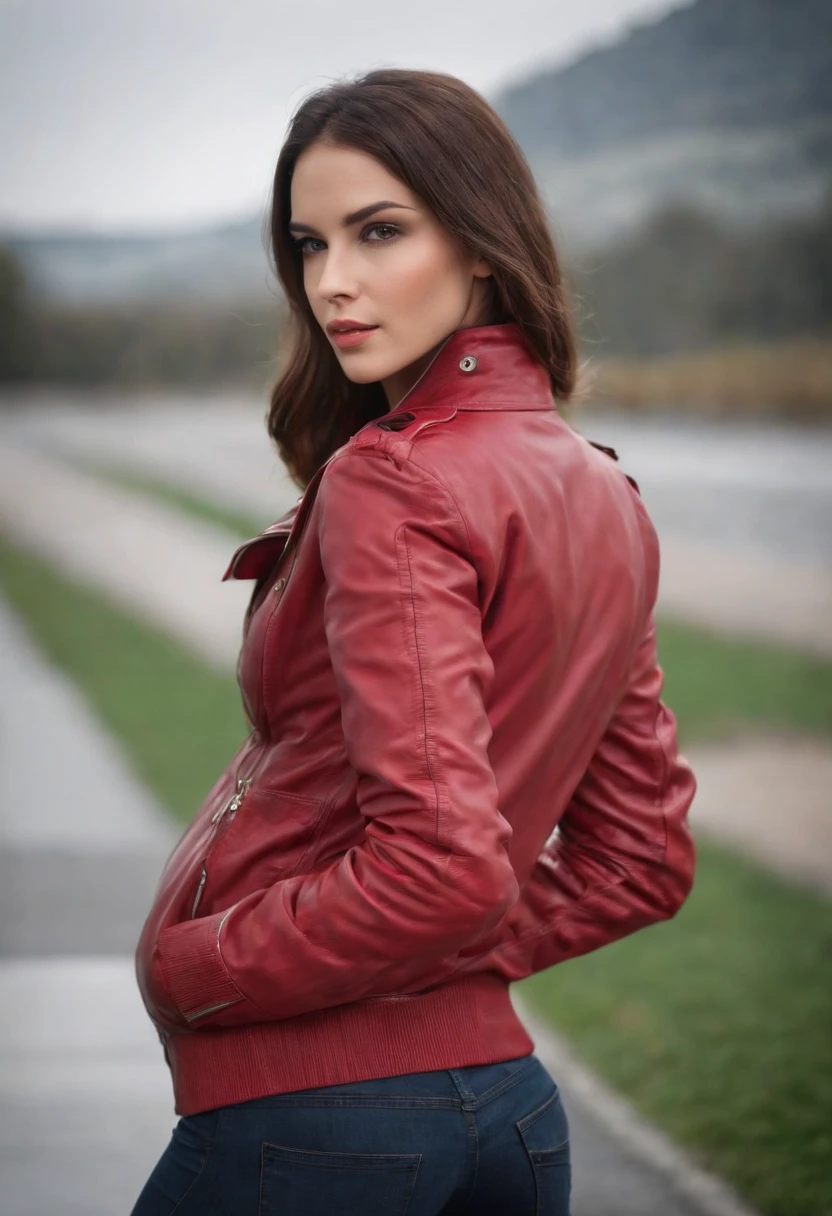A beautiful woman with a big elastic butt, POSING FOR THE CAMERA IN A PORTRAIT WITH JACKET AND CAP AND LONG TIGHT PANTS......,muy detallado, hermoso cuerpo y cara, se parece al original, Pelo rojo, en el aeropuerto