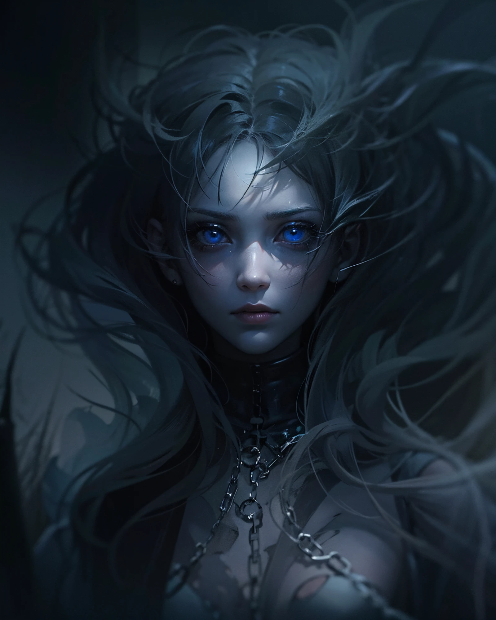 Generate an image of a close up a creature with a spectral and ghostly appearance. Her skin is pale, almost translucent. His eyes shine with a bluish glow, and he wears dark, torn clothes that float around him, as if permeated by an aura of mourning. Its appearance is complemented by details such as chains, symbols of mourning, and gothic elements, further emphasizing its dark air. It is portrayed as a haunted and tormented entity.