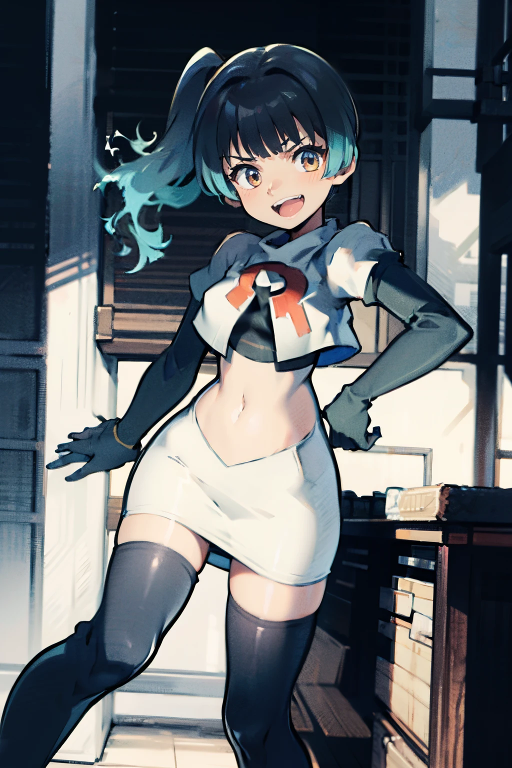sena \(xenoblade\), 1girl,team rocket,team rocket uniform,white skirt,crop top, red letter R, black thigh-highs,black elbow gloves,evil smile