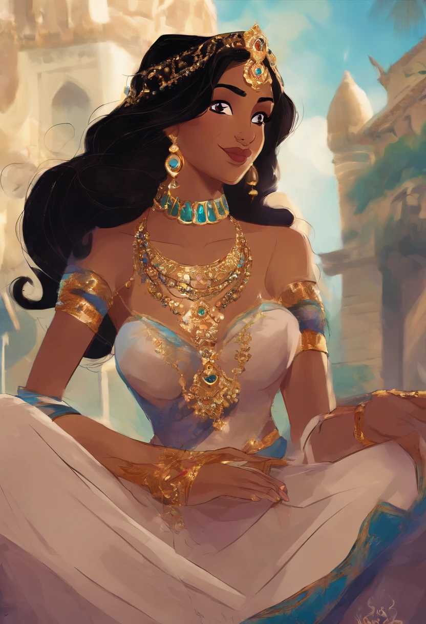 (Masterpiece, Best Quality, Highres:1.2), Detailed, Intricate Details, 4K, 1Girl, (Solo:1.2), jasmine, long hair, breasts, black hair, navel, cleavage, bare shoulders, brown eyes, jewelry, earrings, midriff, dark skin, necklace, off shoulder, blurry, dark-skinned female, crop top, blue shirt, clenched hands, circlet, off-shoulder shirt, arabian clothes, looking at viewer outdoors,, Princess Jasmine's Sitting cross-legged on the Magic Carpet, Jasmine's posture is the embodiment of poise. Her demeanor exudes a sense of calm confidence and grace, as befits a princess who is no stranger to adventure. The Magic Carpet itself is a marvel of ancient magic, the carpet ascend into the twilight skies, the city of Baghdad stretches out below them like a sprawling tapestry. Un primer plano de un personaje de dibujos animados sentado en una alfombra, Princess Jasmine, Hermosa chica genio, Dibujos animados de Disney, Jasmine Princes, Disney Disney, Personaje de Disney, Jasmine, Aladdin, arab princess, Princesa Disney, Artista de Disney, arabic, La princesa de Disney,
