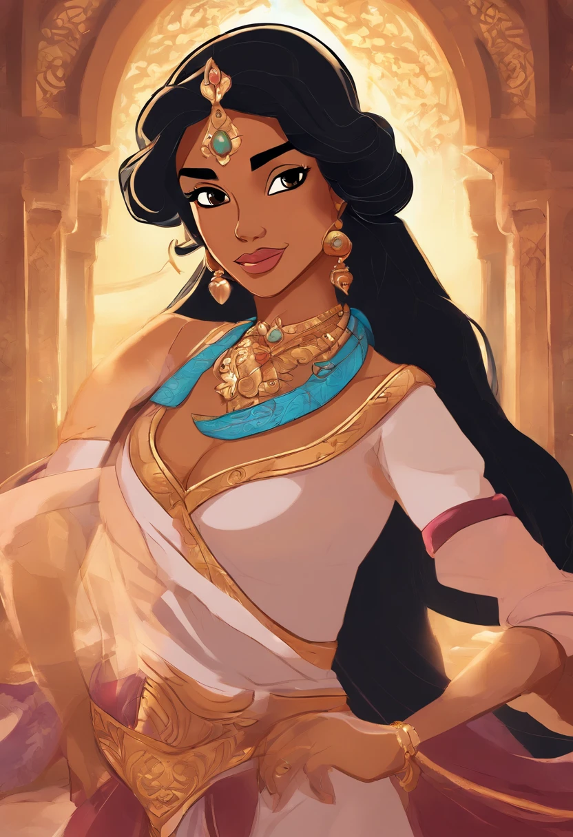 (Masterpiece, Best Quality, Highres:1.2), Detailed, Intricate Details, 4K, 1Girl, (Solo:1.2), jasmine, long hair, breasts, black hair, navel, cleavage, bare shoulders, brown eyes, jewelry, earrings, midriff, dark skin, necklace, off shoulder, blurry, dark-skinned female, crop top, blue shirt, clenched hands, circlet, off-shoulder shirt, arabian clothes, looking at viewer outdoors,, Princess Jasmine's Sitting cross-legged on the Magic Carpet, Jasmine's posture is the embodiment of poise. Her demeanor exudes a sense of calm confidence and grace, as befits a princess who is no stranger to adventure. The Magic Carpet itself is a marvel of ancient magic, the carpet ascend into the twilight skies, the city of Baghdad stretches out below them like a sprawling tapestry. Un primer plano de un personaje de dibujos animados sentado en una alfombra, Princess Jasmine, Hermosa chica genio, Dibujos animados de Disney, Jasmine Princes, Disney Disney, Personaje de Disney, Jasmine, Aladdin, arab princess, Princesa Disney, Artista de Disney, arabic, La princesa de Disney,