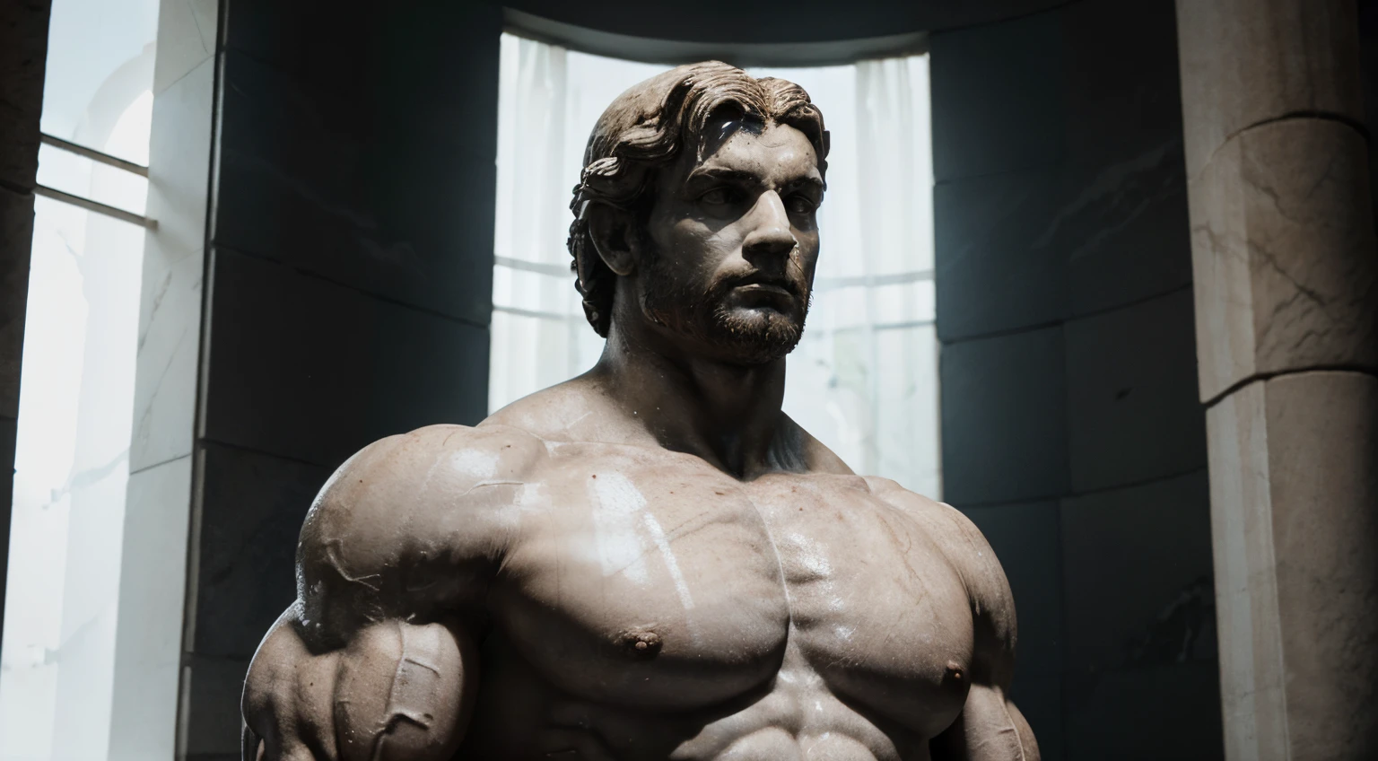 Estatua griega de marmol blanca estoica, mostrando sus biceps, mirada dominante hacia al frente, Brazos fuertes, HERCULES STYLE, kinematics, 8k, fondo oscuro