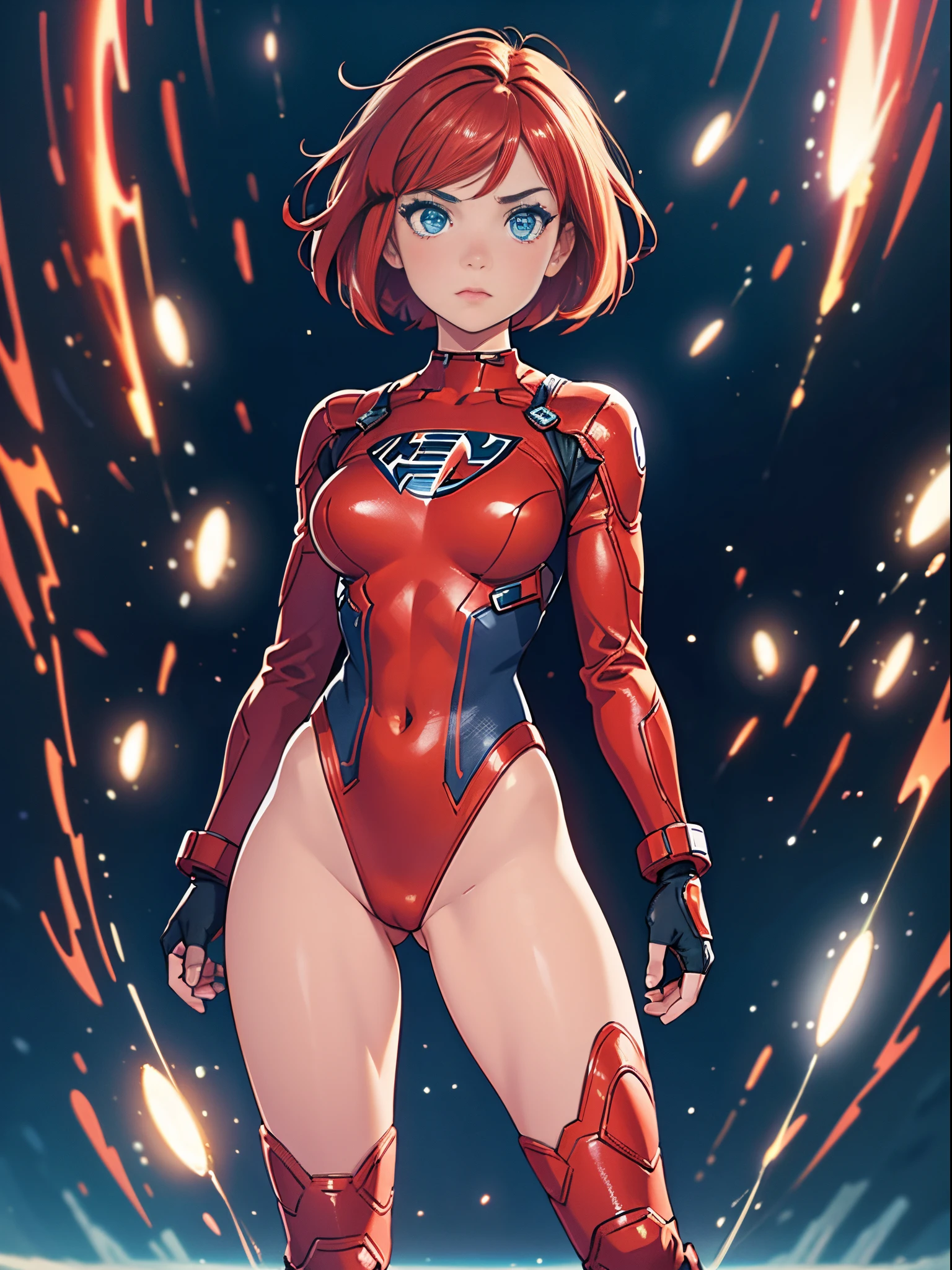1girl, redhead, bob hair, short hair, blue eyes, beautiful detailed eyes, superhero, mature woman, leotard, red leotard, bare legs, boots, gloves, atoms, glowing body, light surrounding her body, light particles, space backdrop, standing, hand on hip, perfect anatomy, cowboy shot, full body shot, superpower, solo, single.