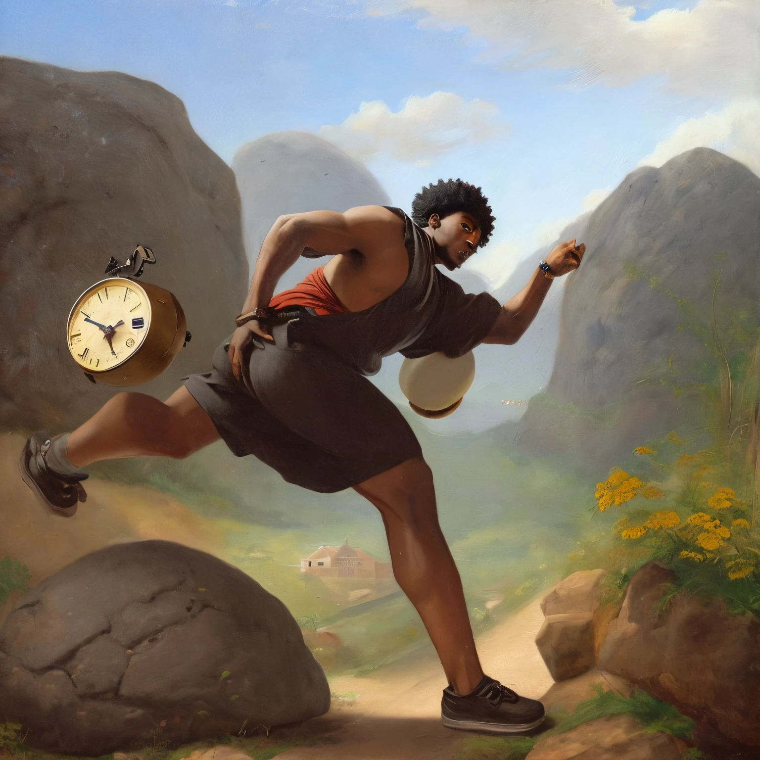 Afro rapper Sisyphus pushing a clock-shaped rock up a street slope oil painting