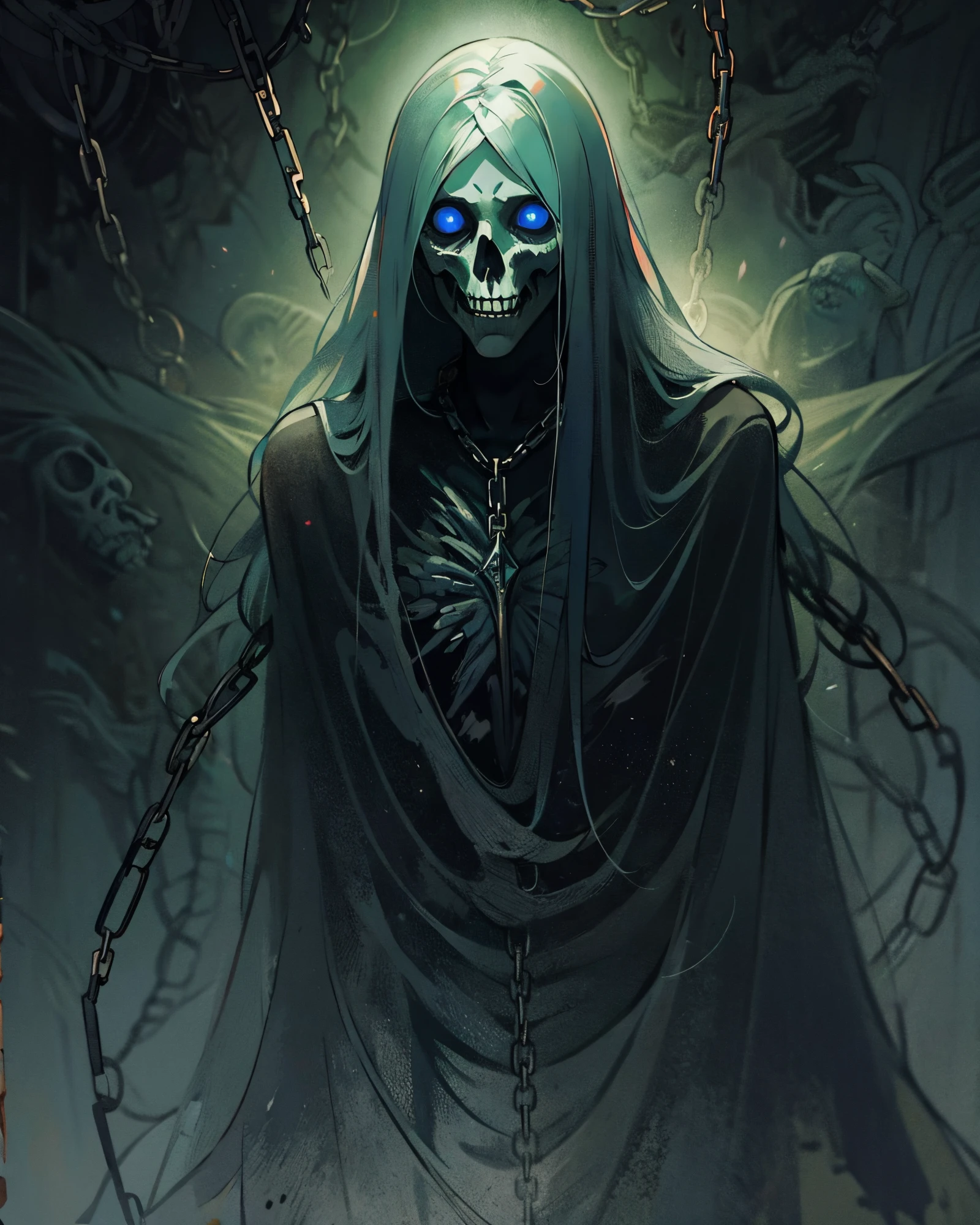 Generate an image of a creature with a spectral and ghostly appearance. Her skin is pale, almost translucent. His eyes shine with a bluish glow, and he wears dark, torn clothes that float around him, as if permeated by an aura of mourning. Its appearance is complemented by details such as chains, symbols of mourning, and gothic elements, further emphasizing its dark air. It is portrayed as a haunted and tormented entity.full body