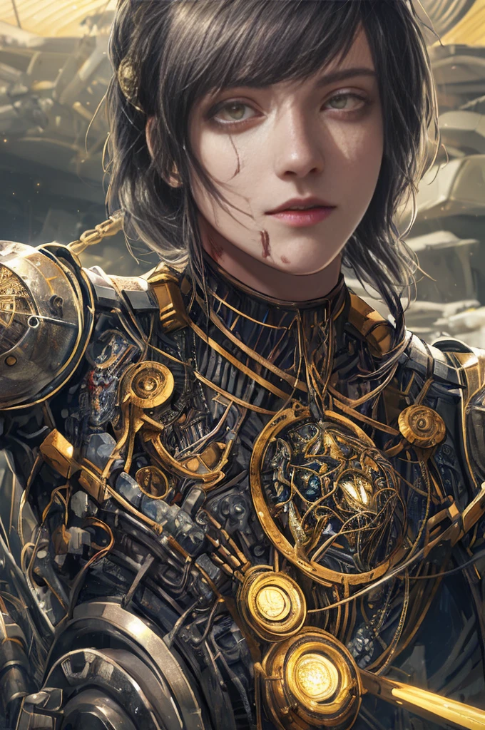1mechanical girl,((ultra realistic details)), portrait, global illumination, shadows, octane render, 8k, ultra sharp,metal,intricate, ornaments detailed, cold colors, egypician detail, highly intricate details, realistic light, trending on cgsociety, glowing eyes, facing camera, neon details, machanical limbs,blood vessels connected to tubes,mechanical vertebra attaching to back,mechanical cervial attaching to neck,sitting,wires and cables connecting to head