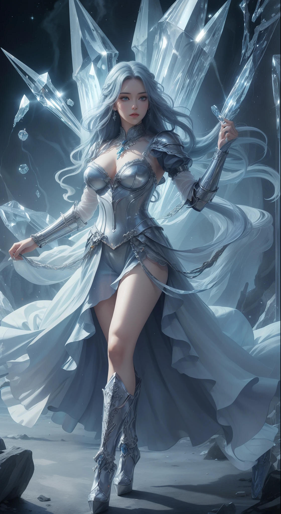 tmasterpiece,Highest image quality,,Beautiful female knight full body portrait,Exquisite blue braid hairstyle,Clear eyes,Has a dazzling array of、Well made jewelry,armour,high heels boots,crystal,Ultra-detailed details,advanced。At the Pixiv Art Station,Break your own power,Luigi,Big breasts exposing cleavage,R-18G