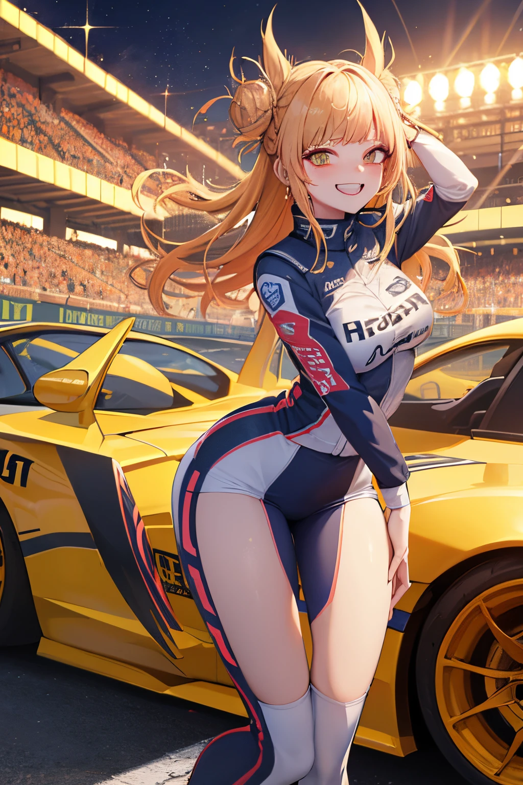 anime style illustration.Grid Girl illustration. The character is wearing a grid girl outfit. The outfit is a shiny orange and white outfit with a short top, blue and white patterns on the sleeves, and tight high-leg shorts on the bottom. She is wearing high-heeled boots. She has a bright, confident smile. In the background are the circuit pits and a row of racing cars.